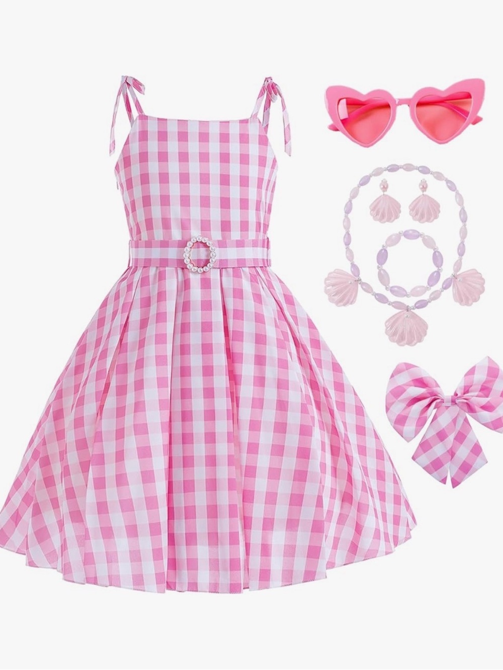 NWT Barbie Costume Movie Cute Pink Gingham Plaid Girls Accessory Pack & Dress